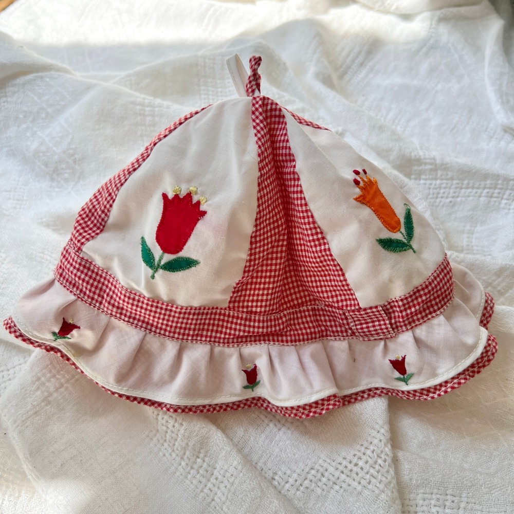 Vintage 80s Sea Gull Baby Sun Hat 3-6M Red Gingham Tulip Embroidered Ruffle